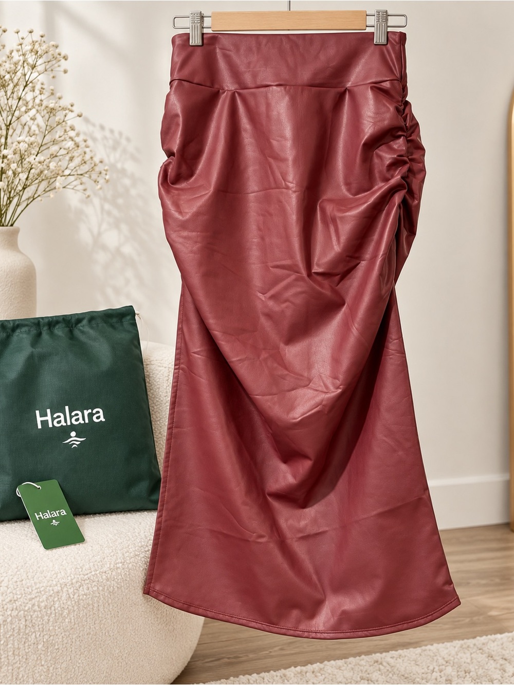 HALARA Wine-Red Faux Leather Ruched Midi Skirt